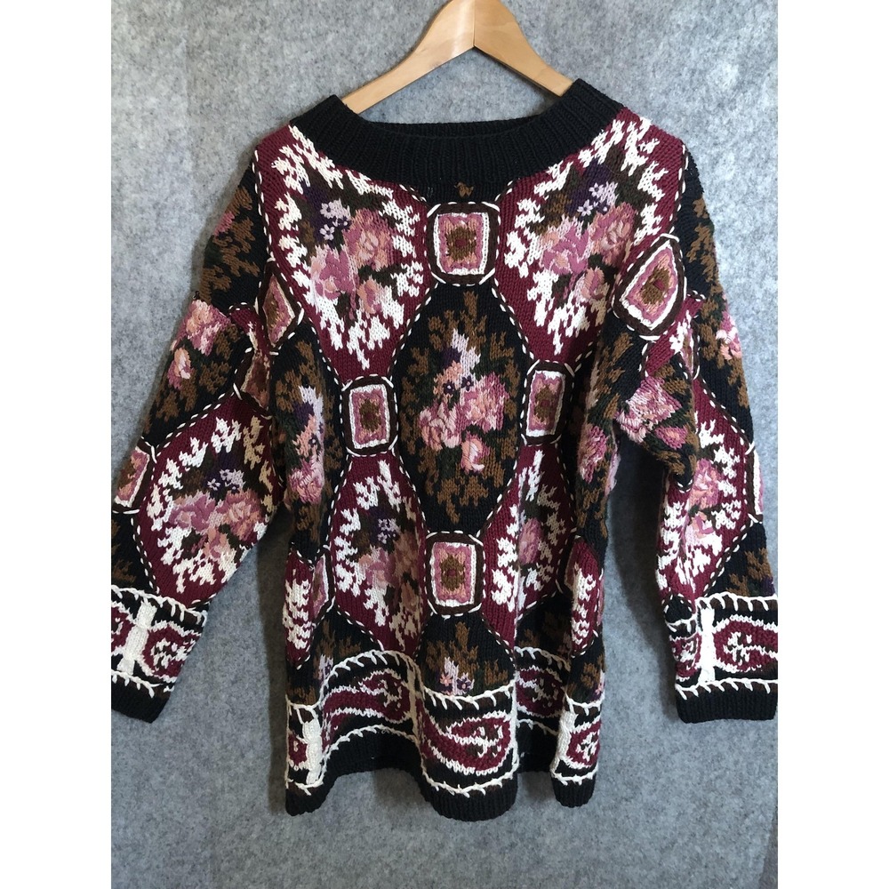 Vintage Express Sweater Womens Large Multicolor Floral Handknit Boho Chunky Knit
